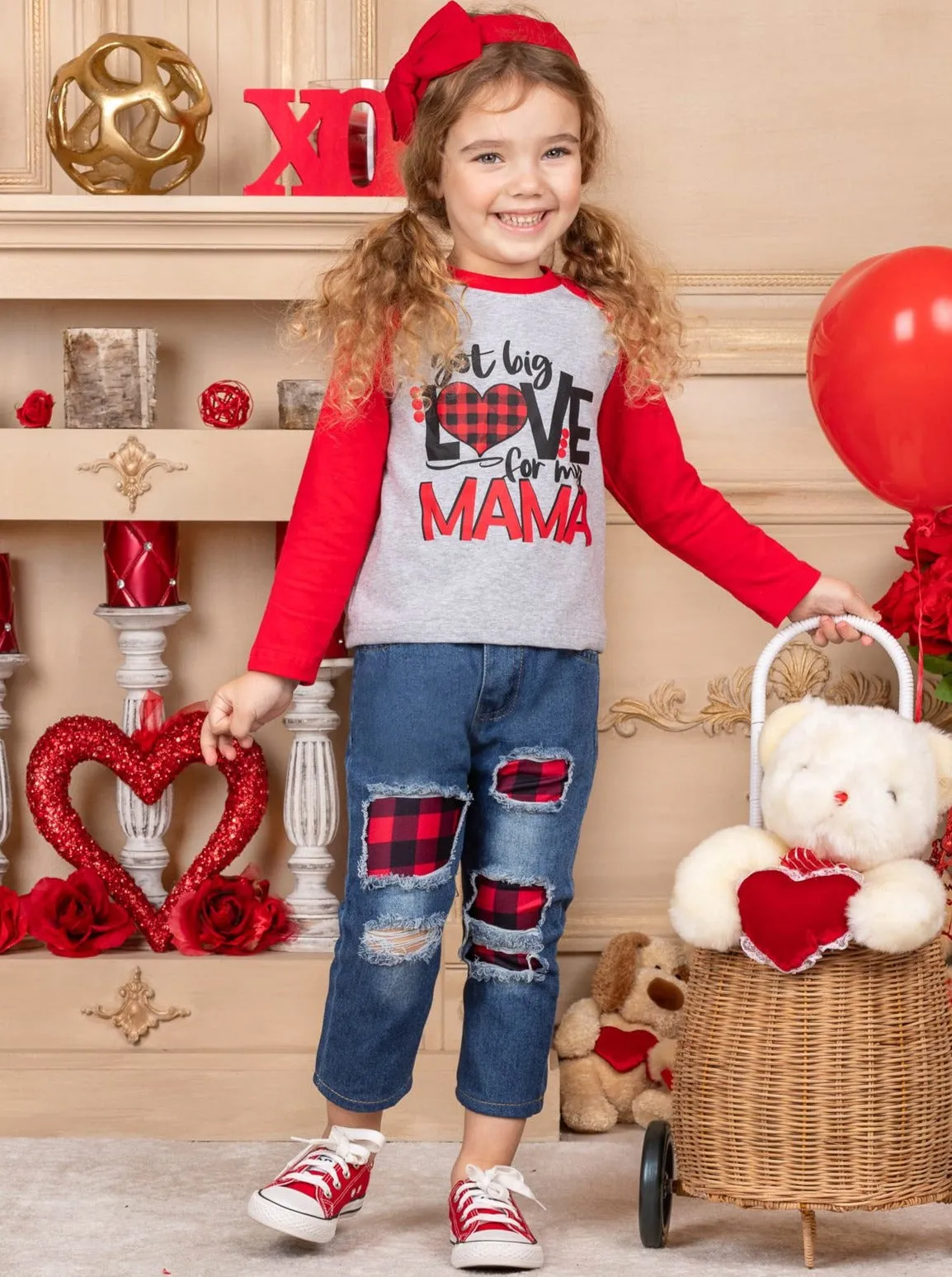 Love For My Mama Plaid Patched Jeans Set