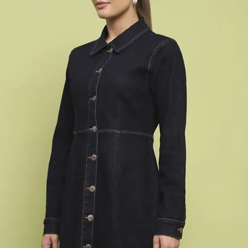 Madame Cotton Blend Dark Indigo Mini Denim Dress for Women