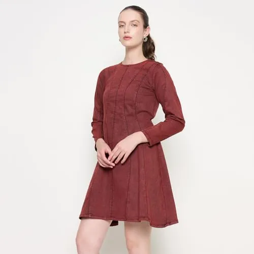 Madame Red A-line Cotton Blend Denim Dress