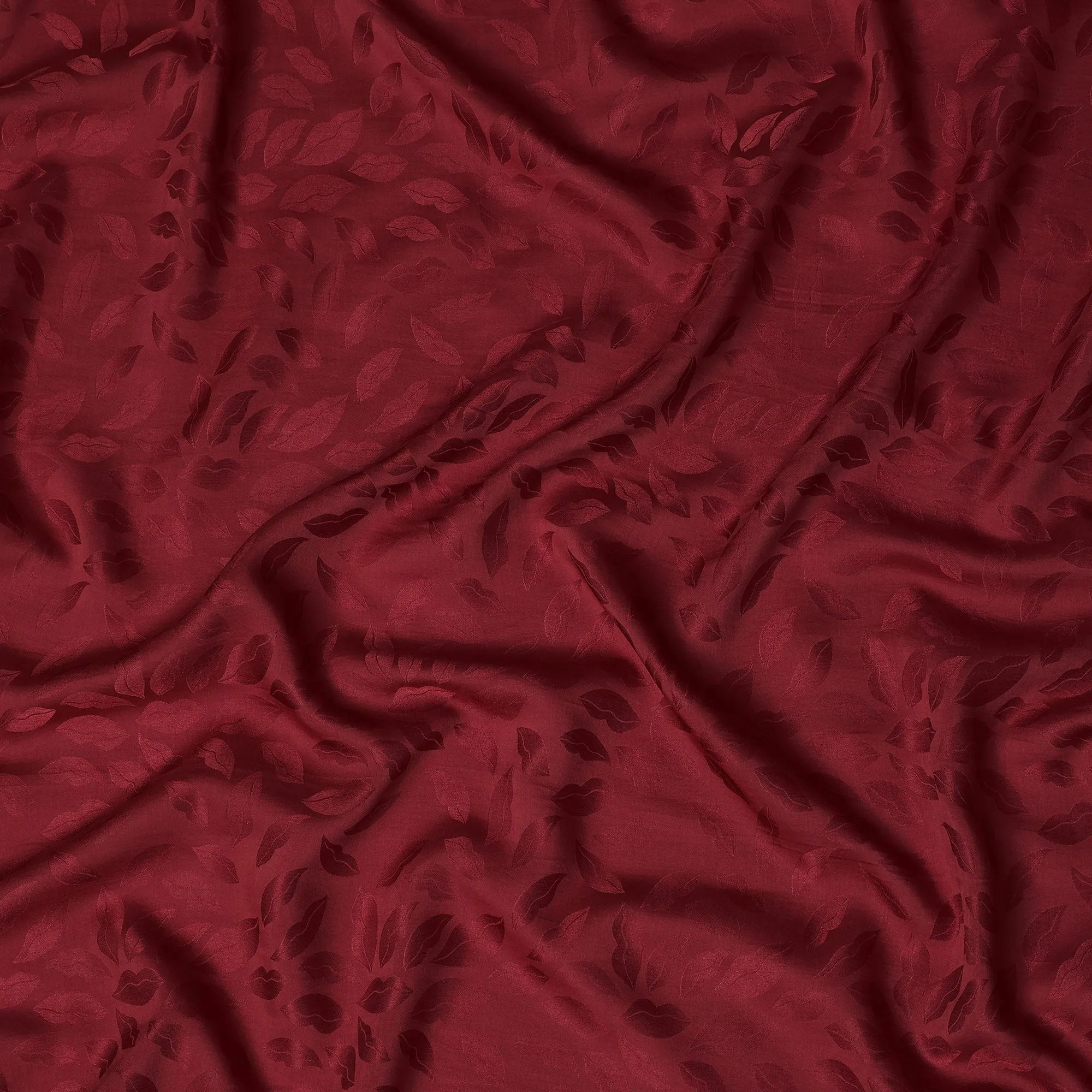 Maroon Silk Satin Fabric with Leaf Pattern, 110 cm Width-D20963