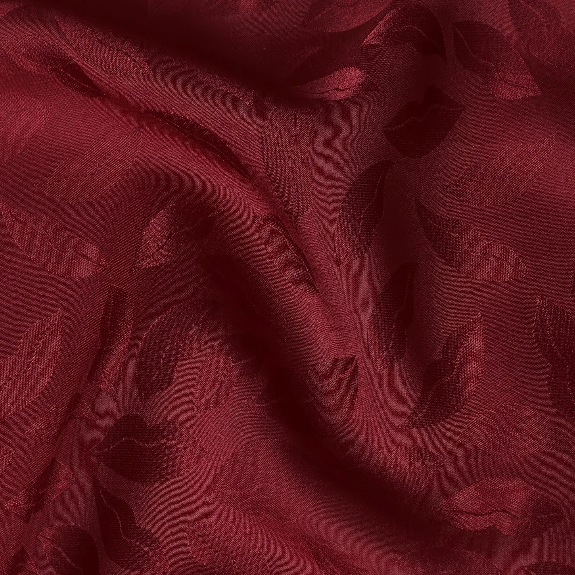 Maroon Silk Satin Fabric with Leaf Pattern, 110 cm Width-D20963