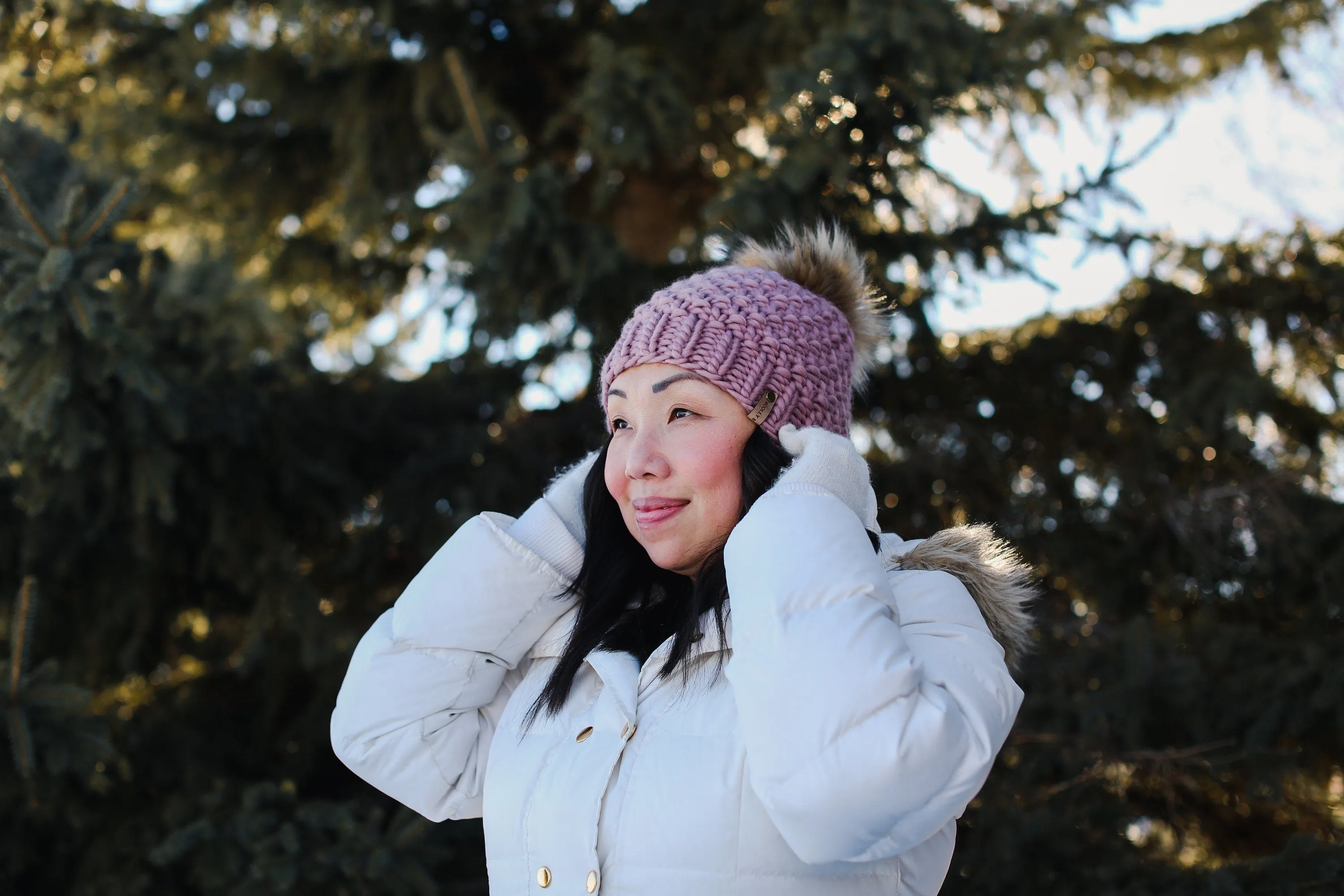 Mauve Peruvian Wool Knit Hat with Faux Fur Pom Pom