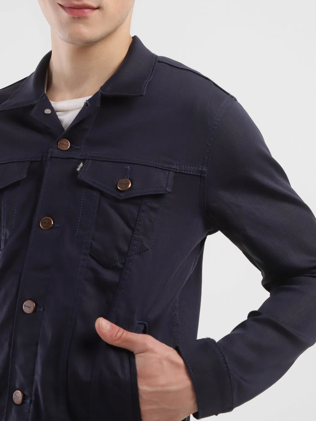 Men's Solid Navy Spread Collar Jackets