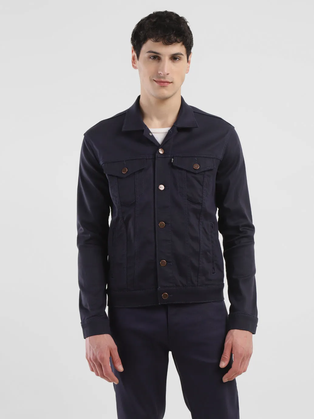 Men's Solid Navy Spread Collar Jackets