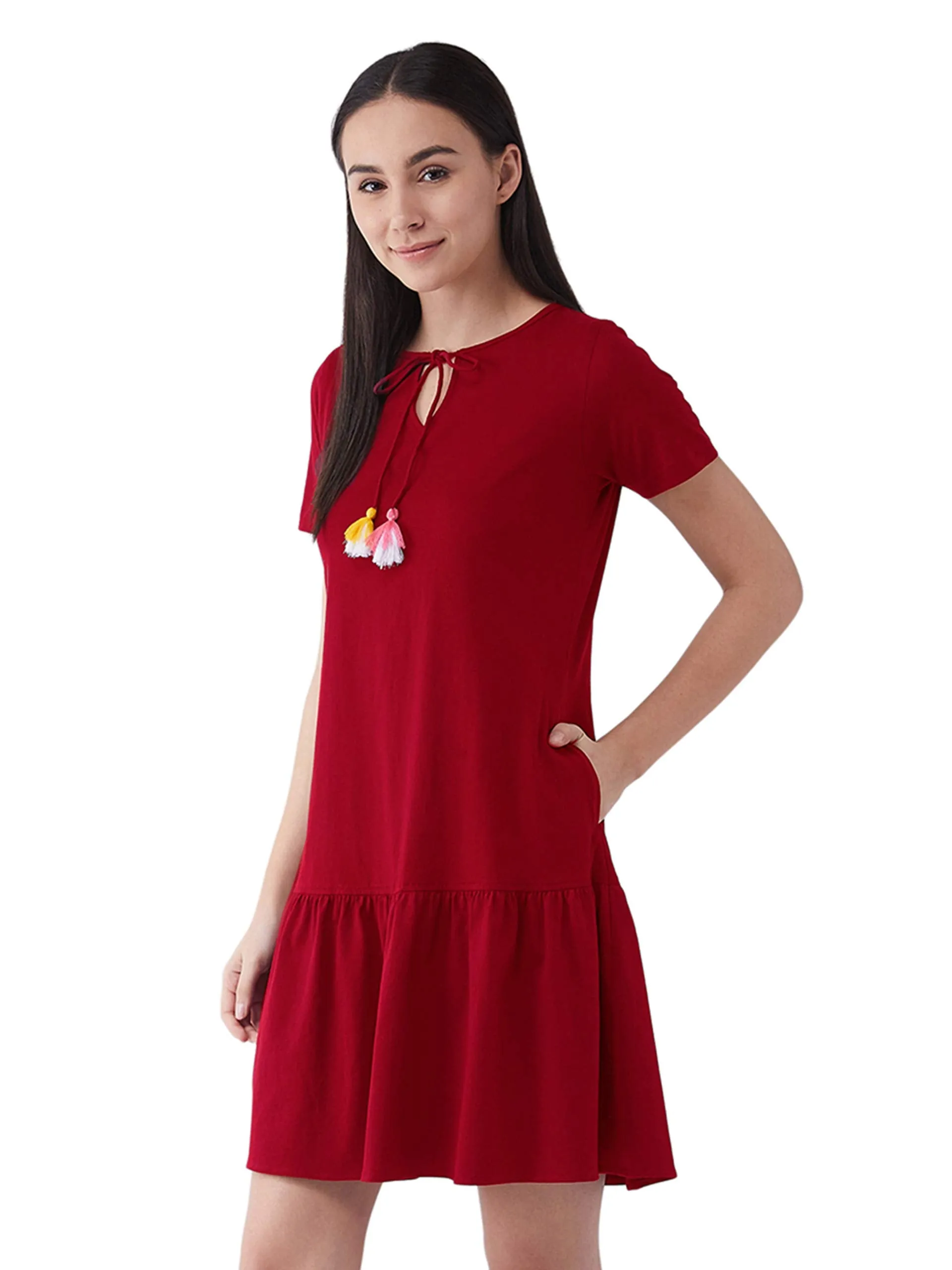 Miss Chase Women's Maroon Round Neck Short Sleeve Solid Comfortable Regular Length Dress with Pockets(MCAW20NW01-09-143-02, Maroon, XS)