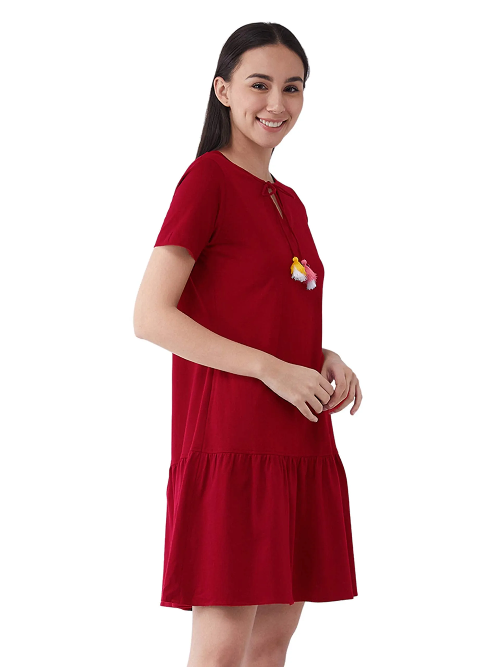 Miss Chase Women's Maroon Round Neck Short Sleeve Solid Comfortable Regular Length Dress with Pockets(MCAW20NW01-09-143-02, Maroon, XS)