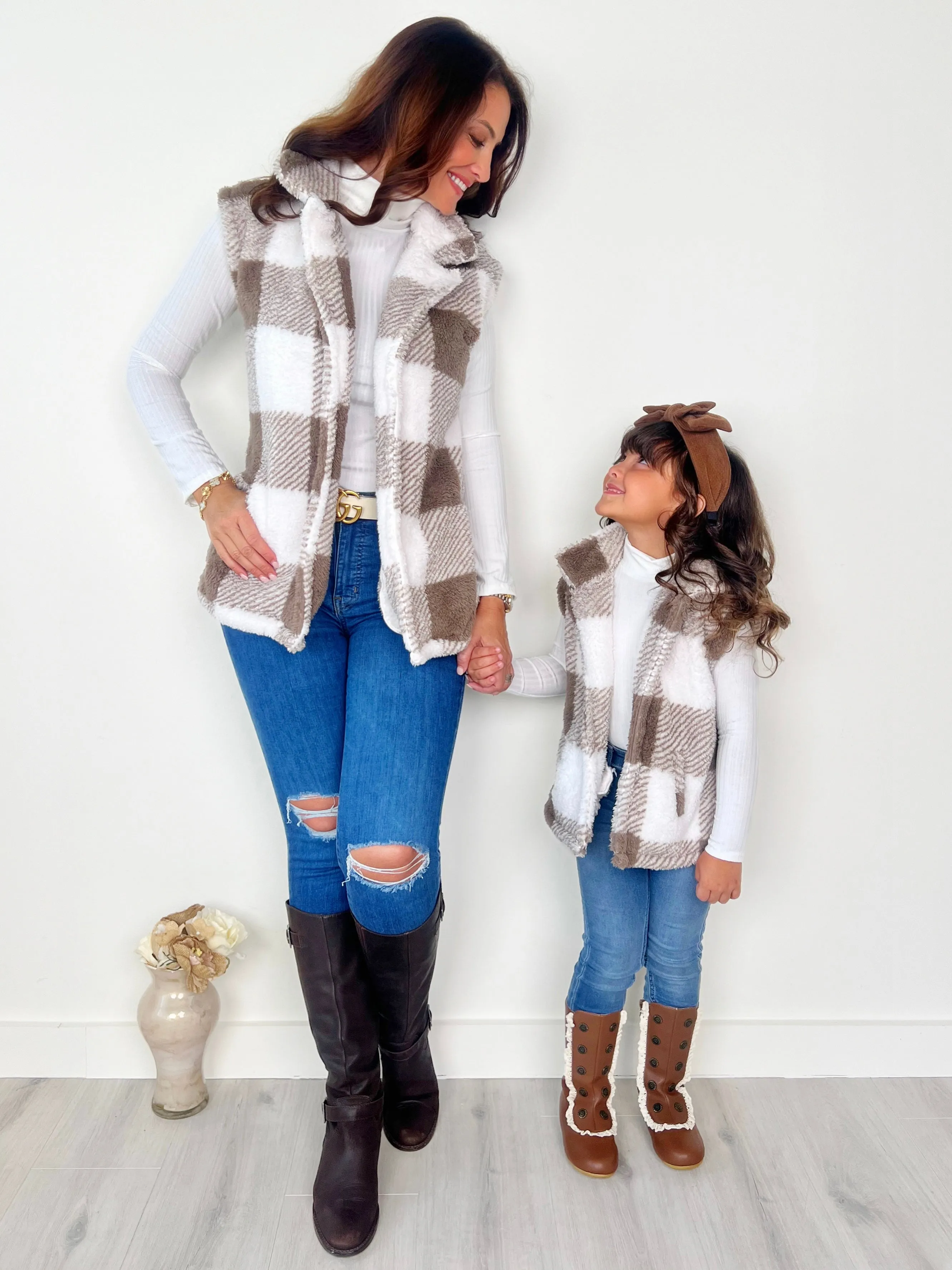 Mommy and Me Cozy Faux Fur Plaid Vest