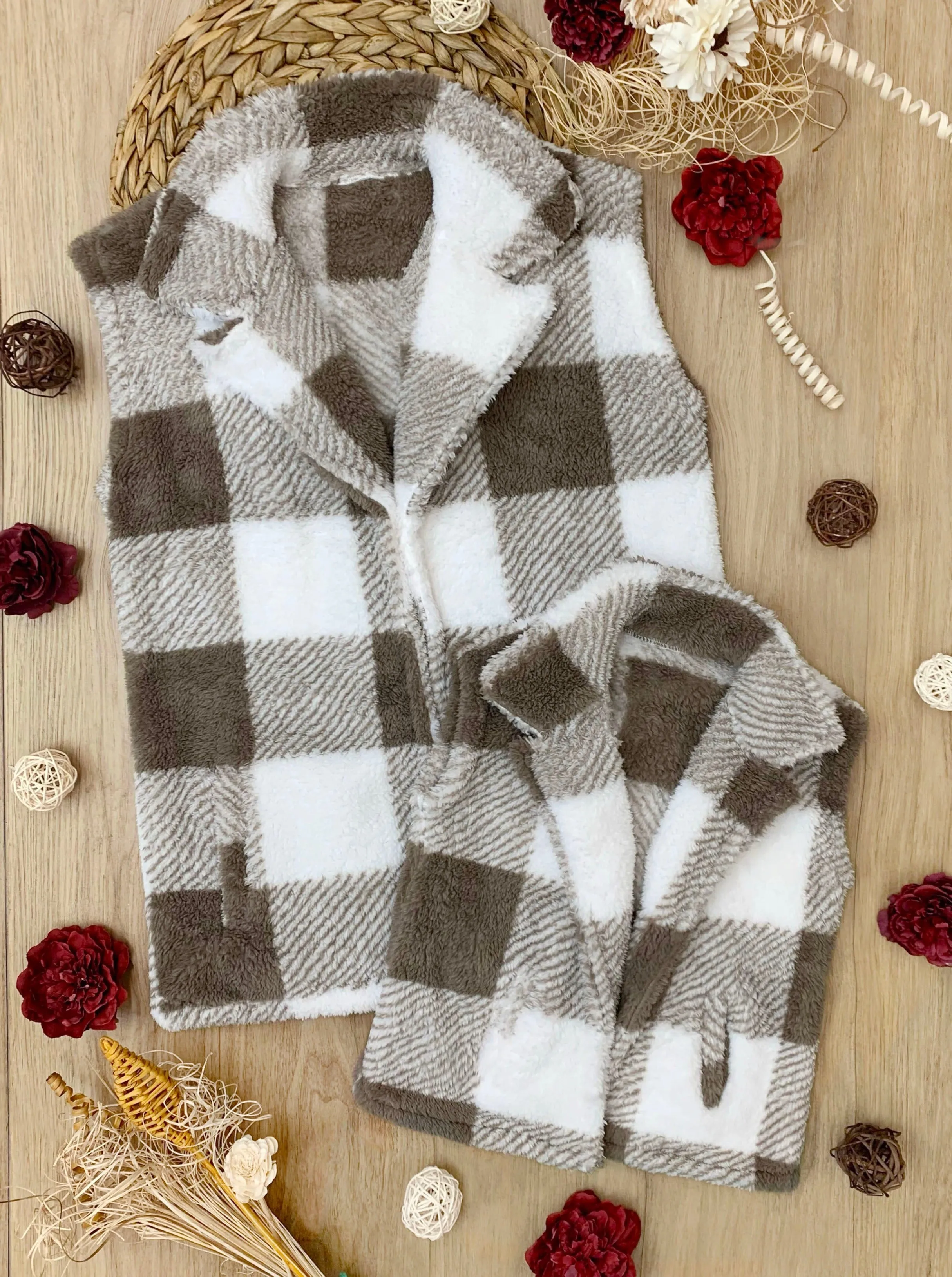 Mommy and Me Cozy Faux Fur Plaid Vest