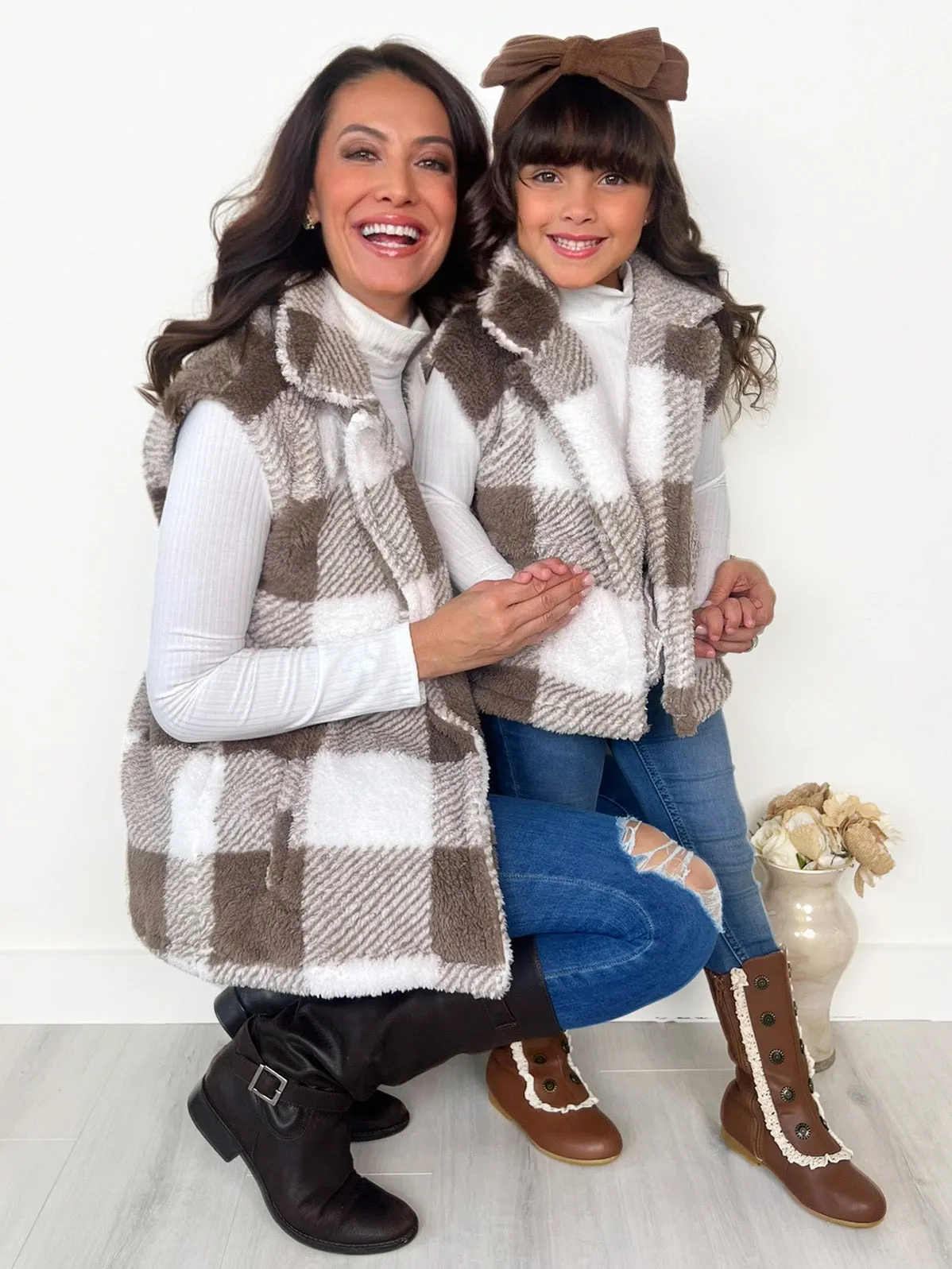 Mommy and Me Cozy Faux Fur Plaid Vest