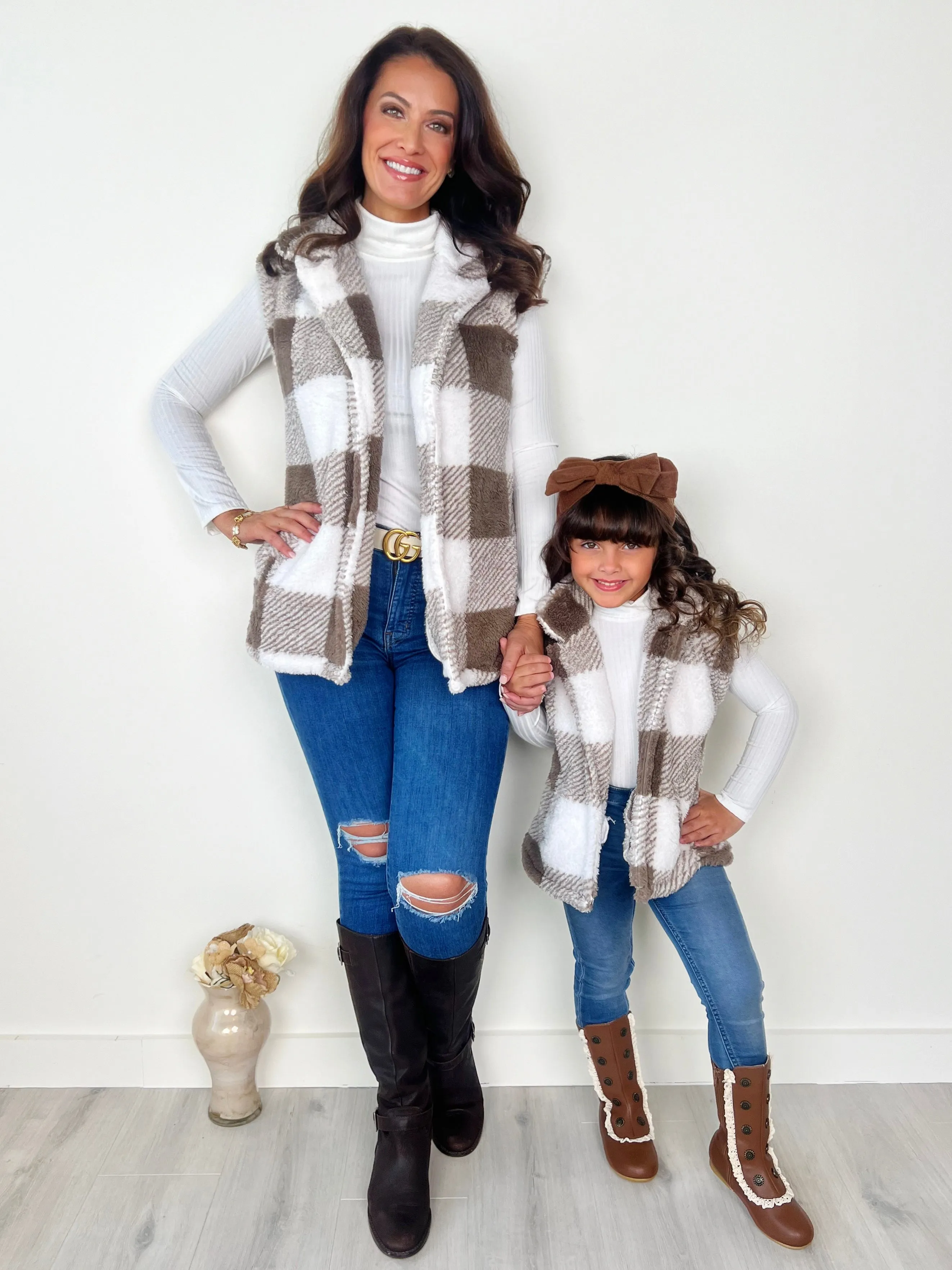 Mommy and Me Cozy Faux Fur Plaid Vest