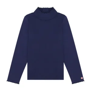 Navy Pima Cotton Ruffle Mock Neck