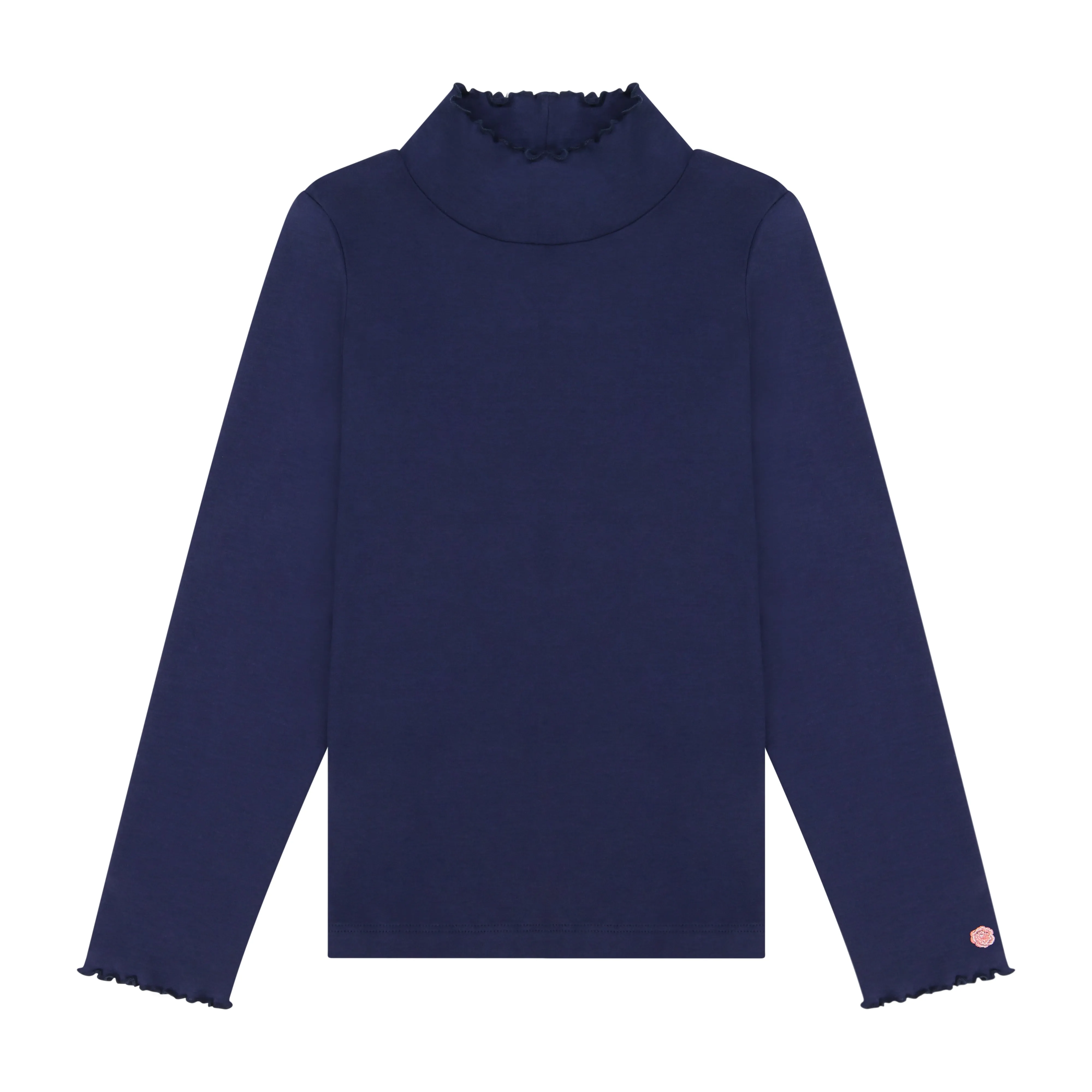 Navy Pima Cotton Ruffle Mock Neck