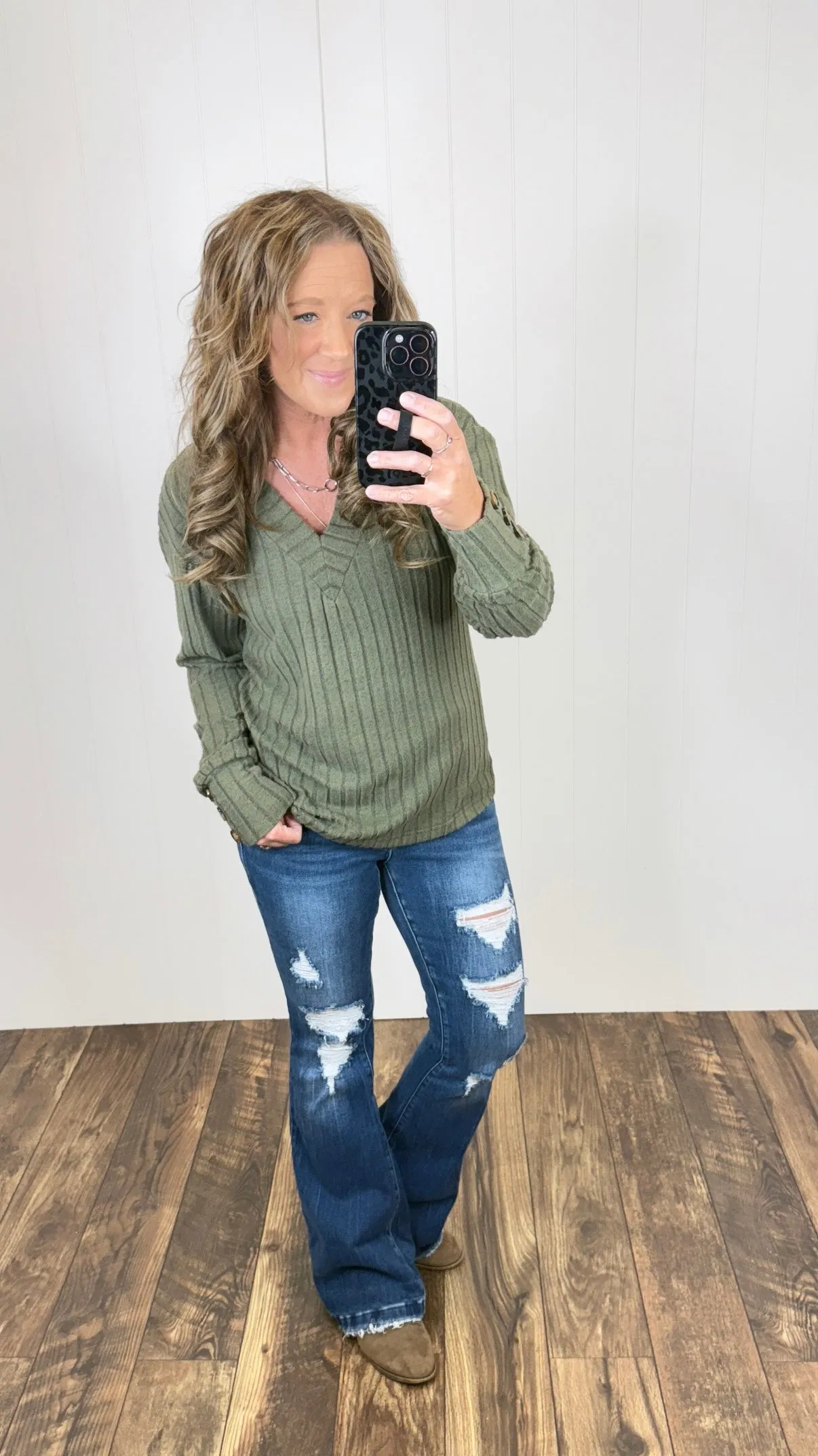 Olive Vneck Ribbed Sweater LS (SM-2X)