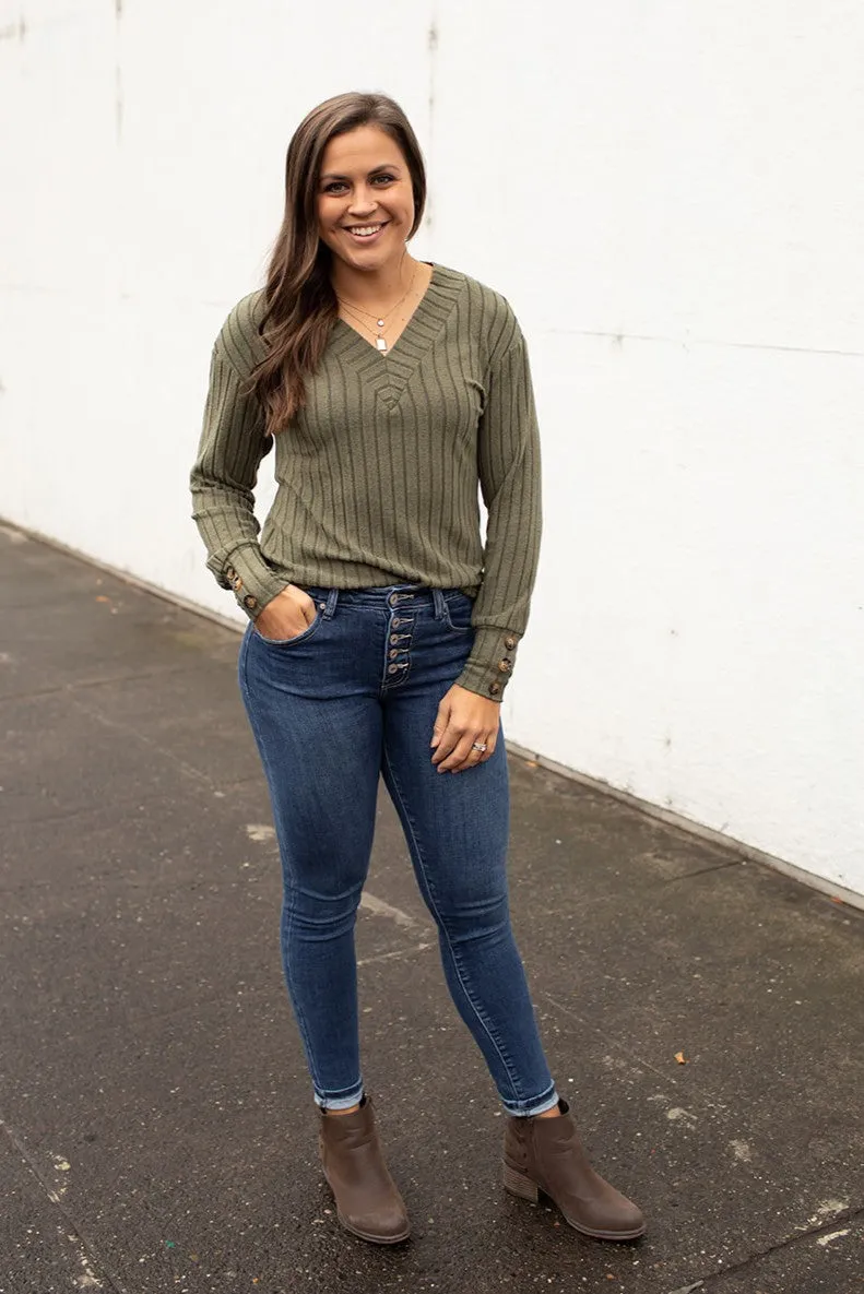 Olive Vneck Ribbed Sweater LS (SM-2X)