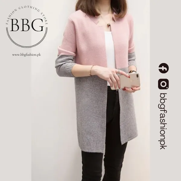 Pink Contrast Long Sleeve Fashion Cardigan Sweater