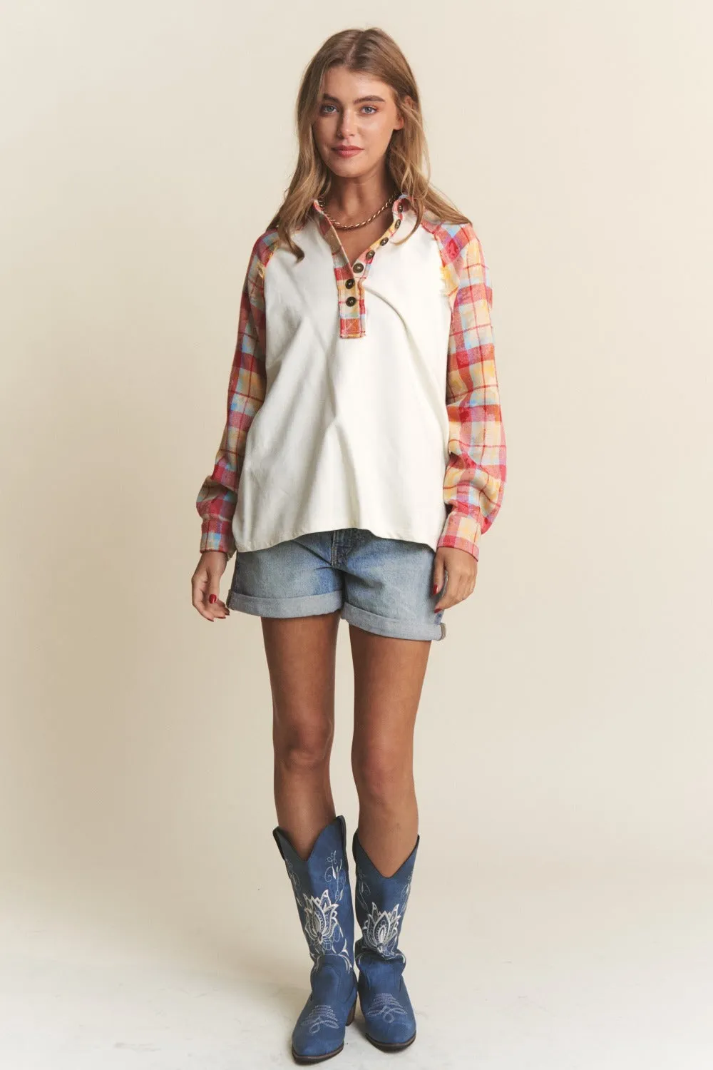 Plaid Contrast Button Down Henley Top