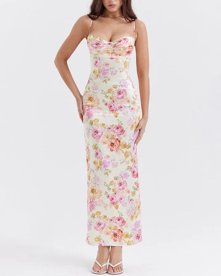 Printed Suspender Long Skirt Sexy Open Back Slit Holiday Style Floral Dress