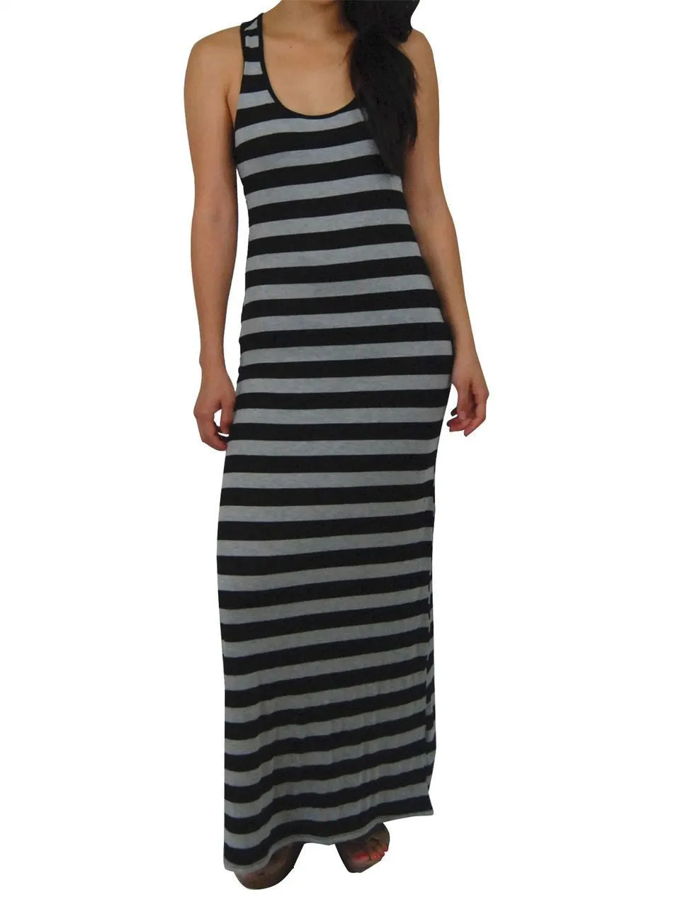 Racerback Maxi Dress Black Gray Stripes