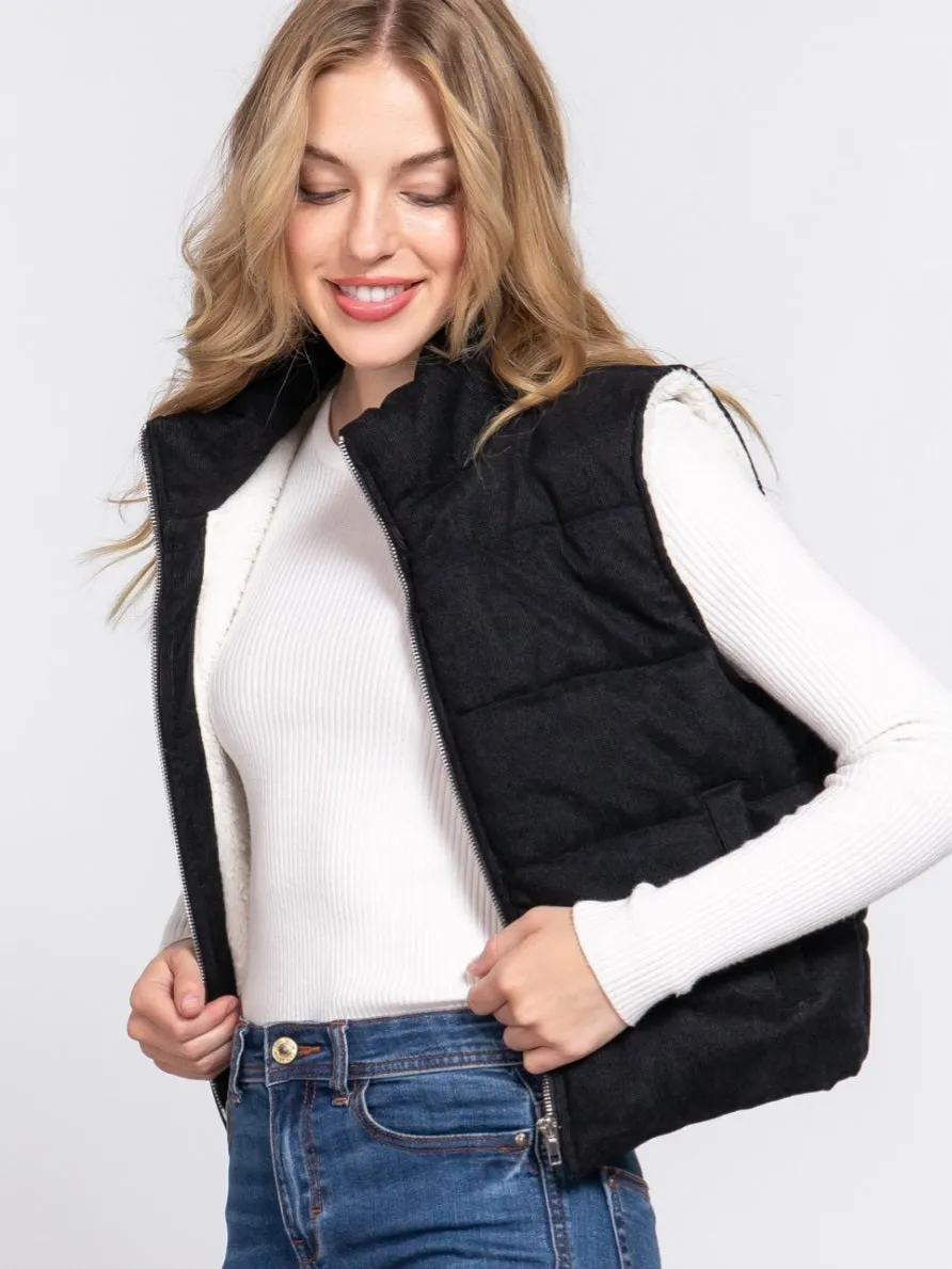 Rae Corduroy Puffer Vest - Black