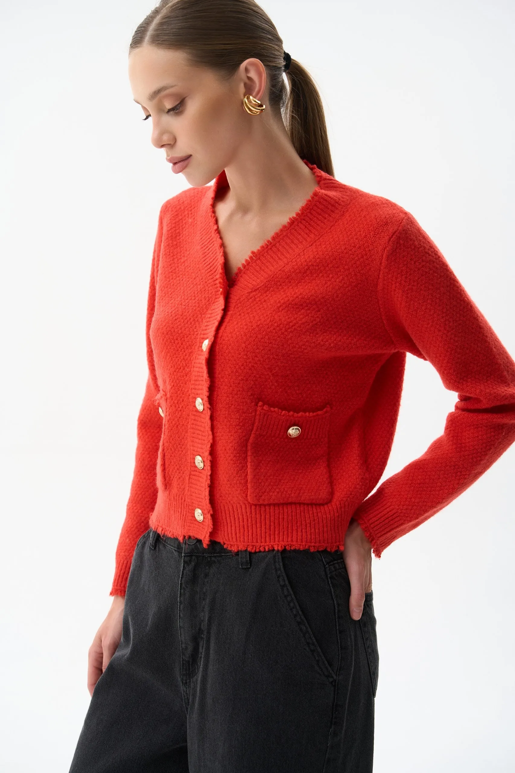 Red Buttoned Knit Cardigan