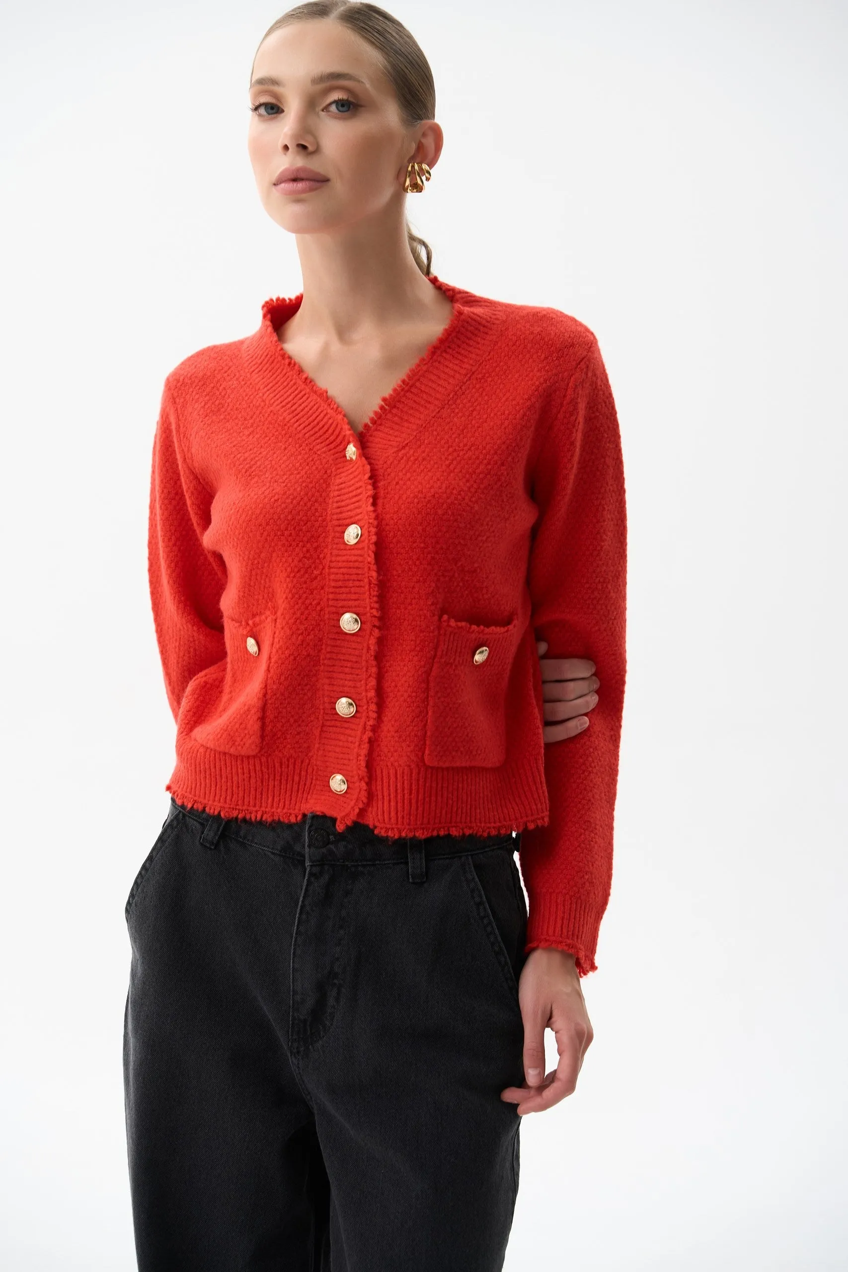 Red Buttoned Knit Cardigan