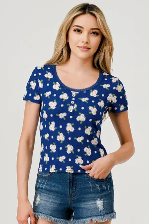 Rib Knit T-Shirt Tops with Lace Trim and Button Detail - Blue, White Daisy Print