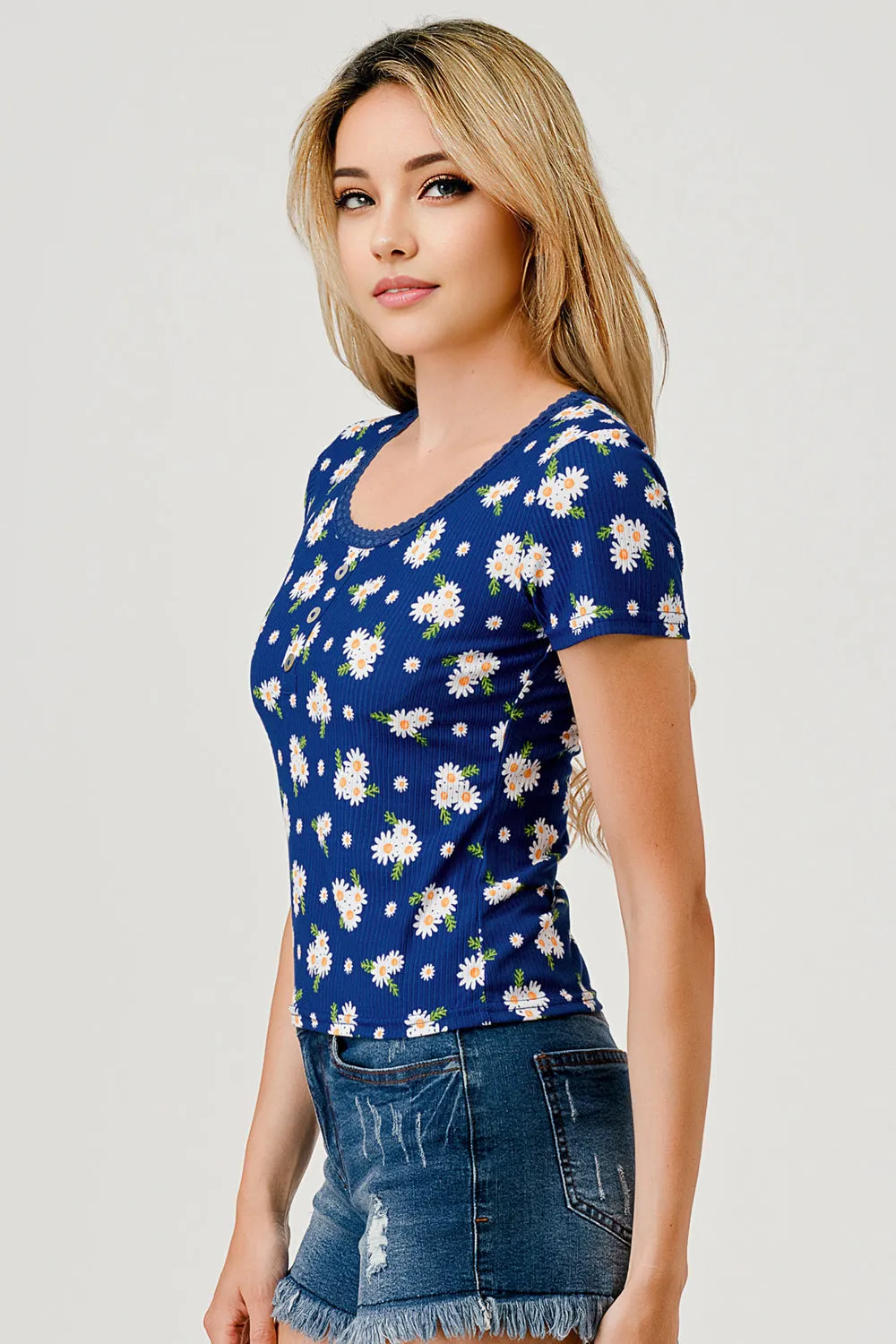 Rib Knit T-Shirt Tops with Lace Trim and Button Detail - Blue, White Daisy Print