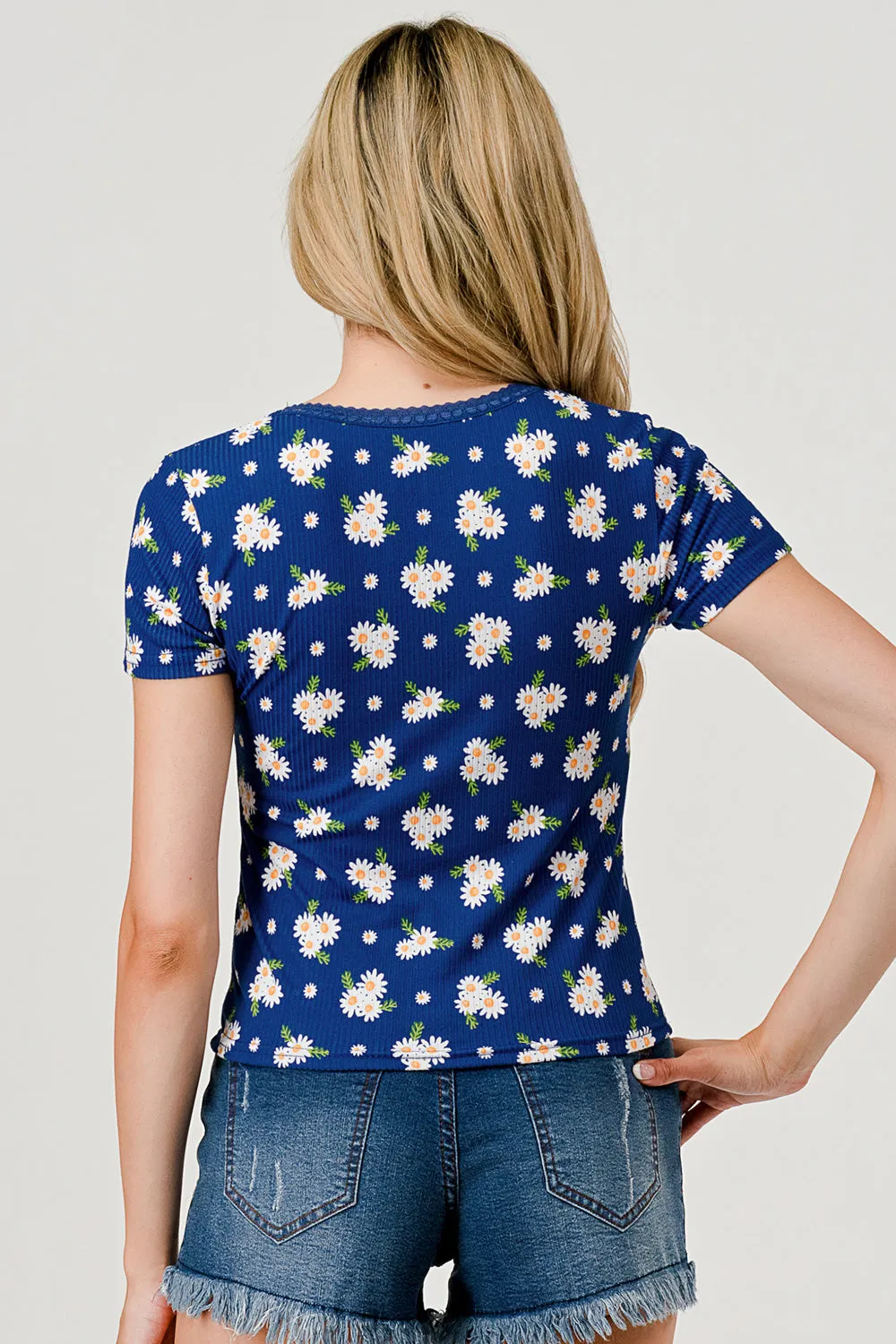 Rib Knit T-Shirt Tops with Lace Trim and Button Detail - Blue, White Daisy Print