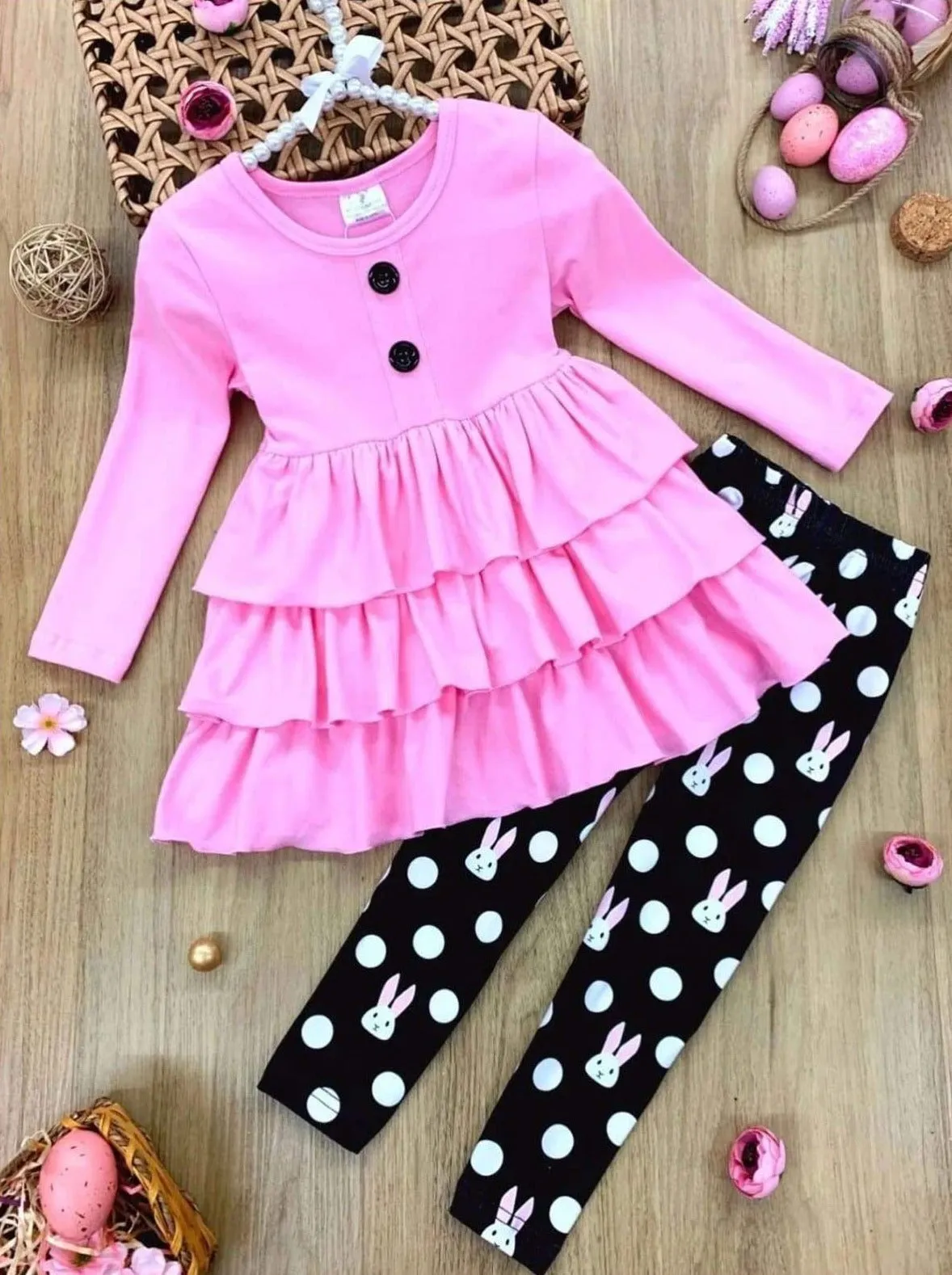 Ruffle Top And Bunny Polka Dot Legging Set