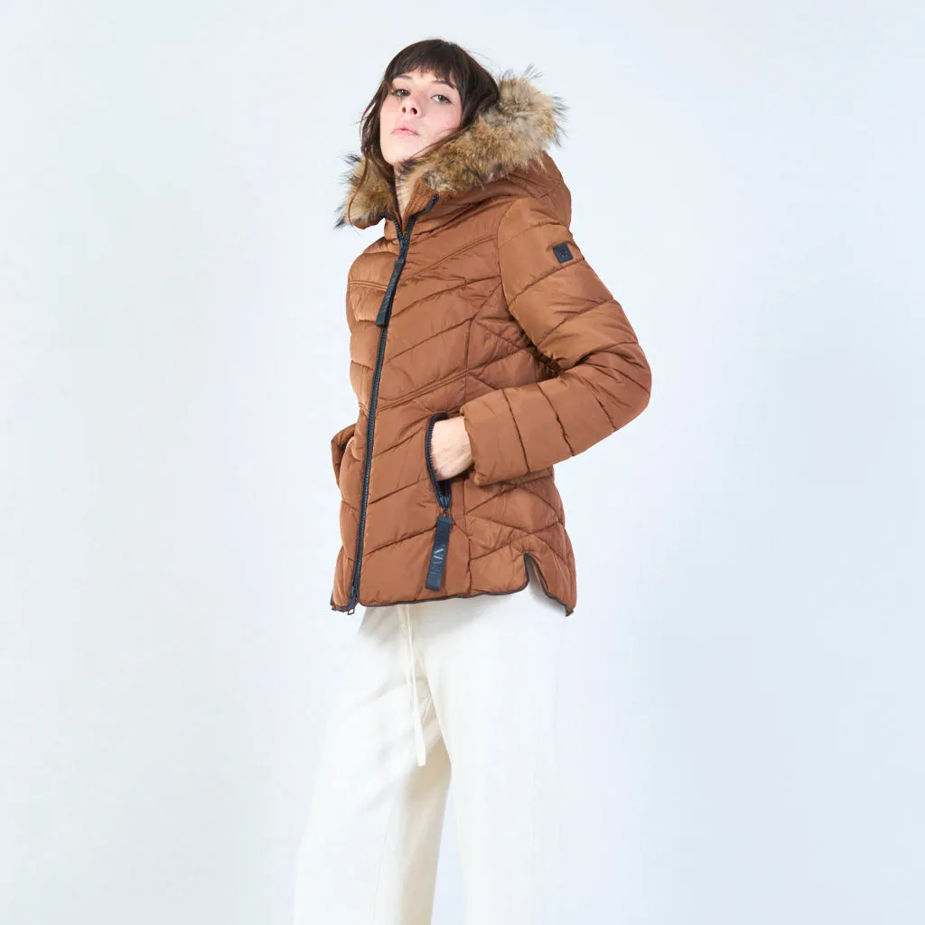 Short puffer jacket with faux fur hood wholesale