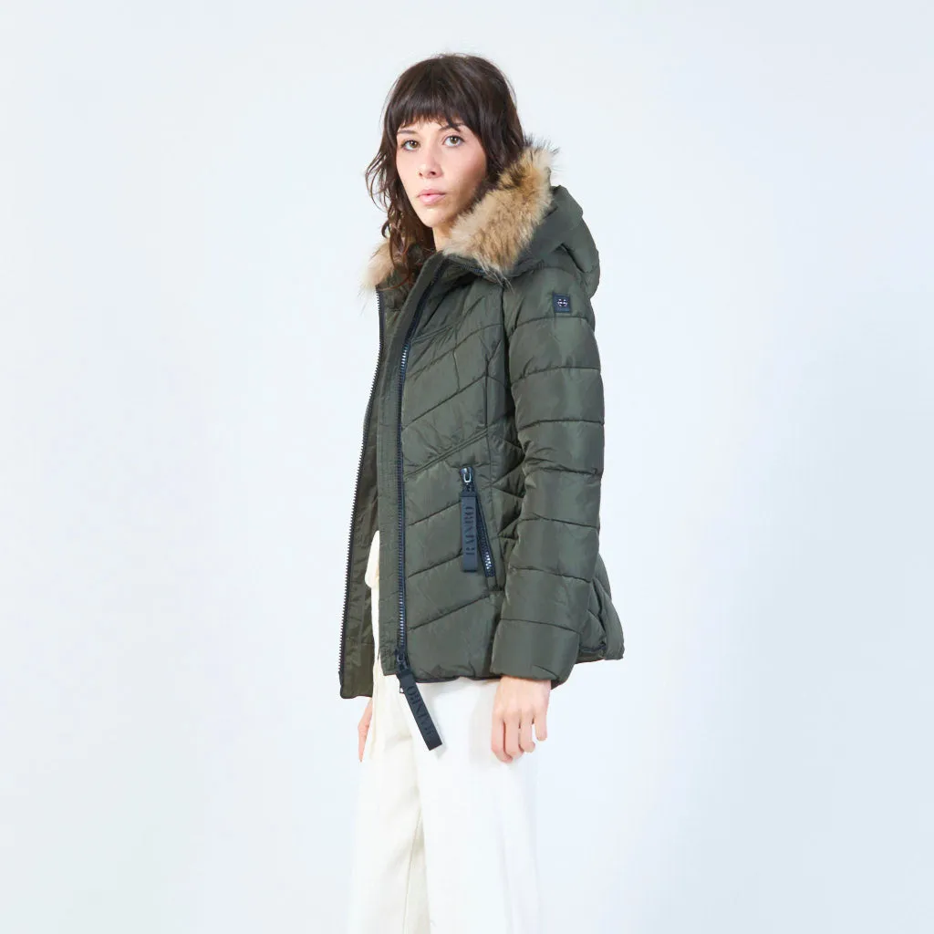 Short puffer jacket with faux fur hood wholesale