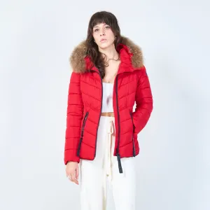 Short puffer jacket with faux fur hood wholesale