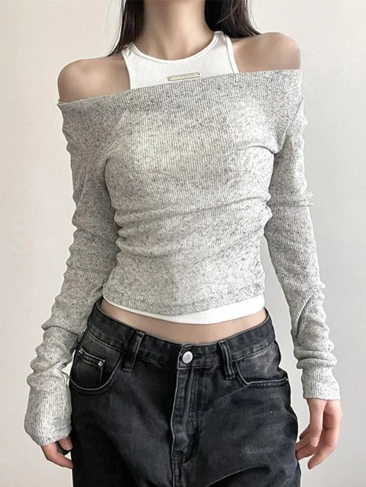 Slim Tank Top Cowl Neck Two Piece Long Sleeve Knit