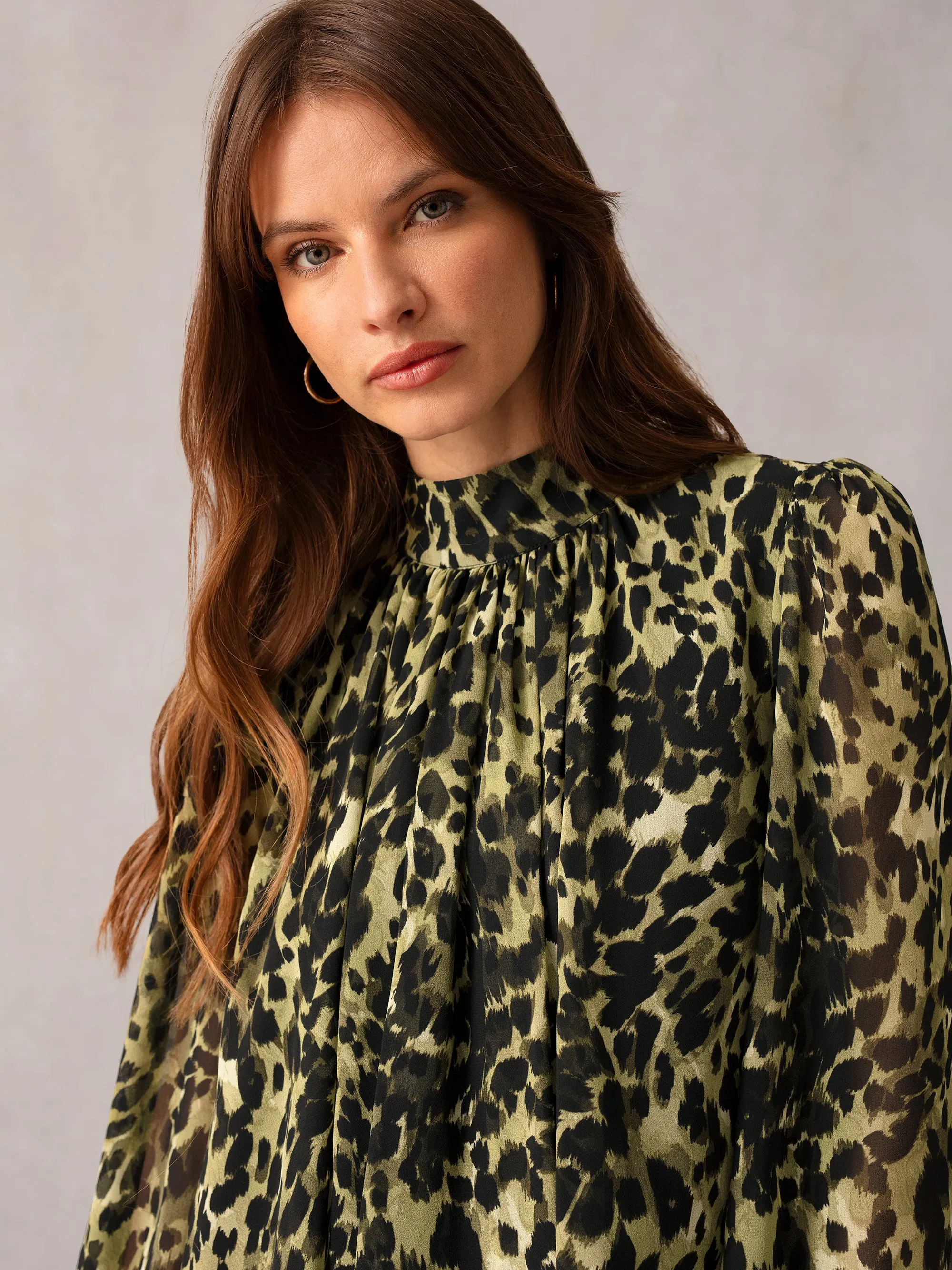 Soft Leopard Button Cuff Blouse