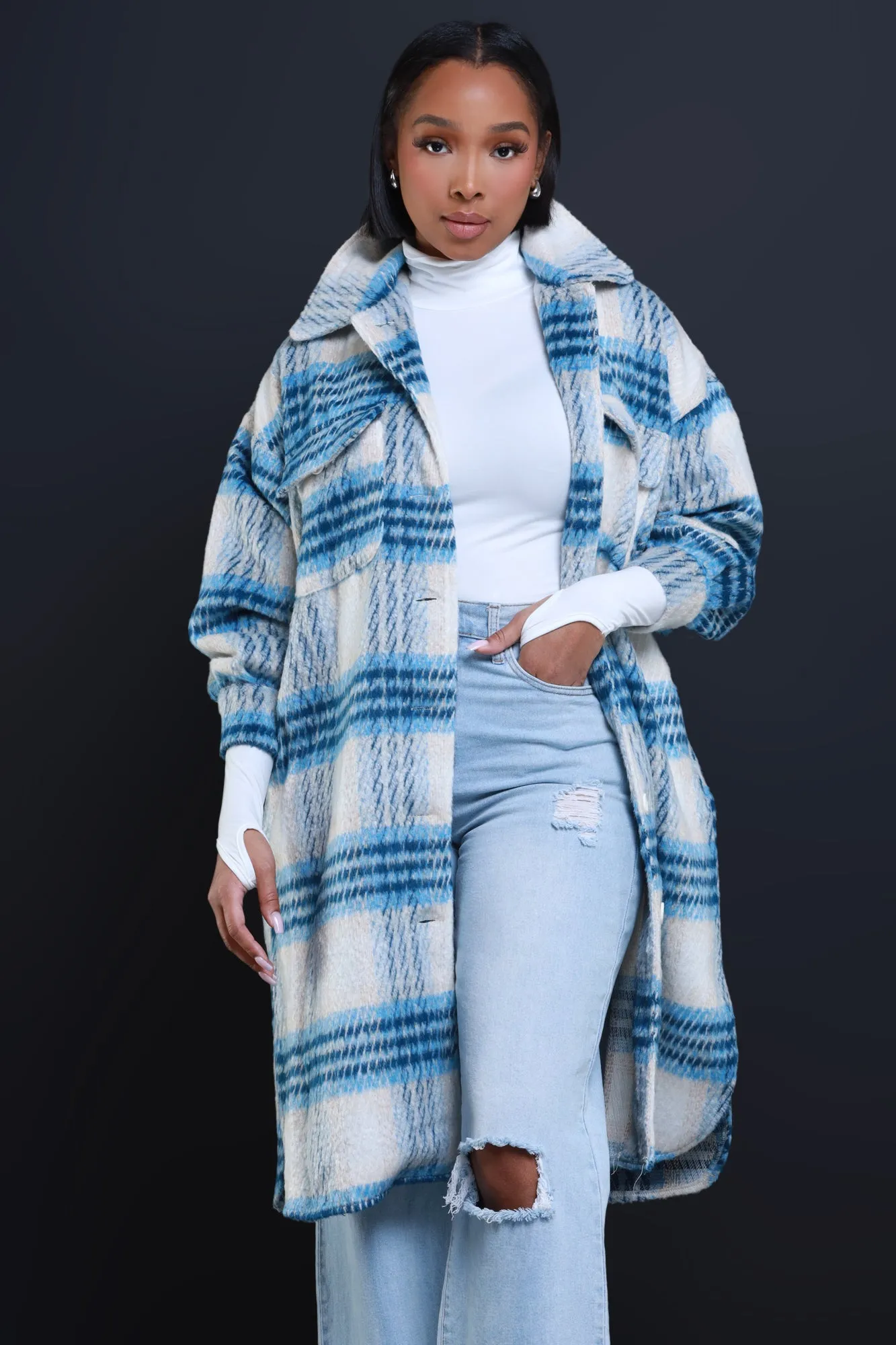 Stick With Me Oversized Flannel Coat - Blue