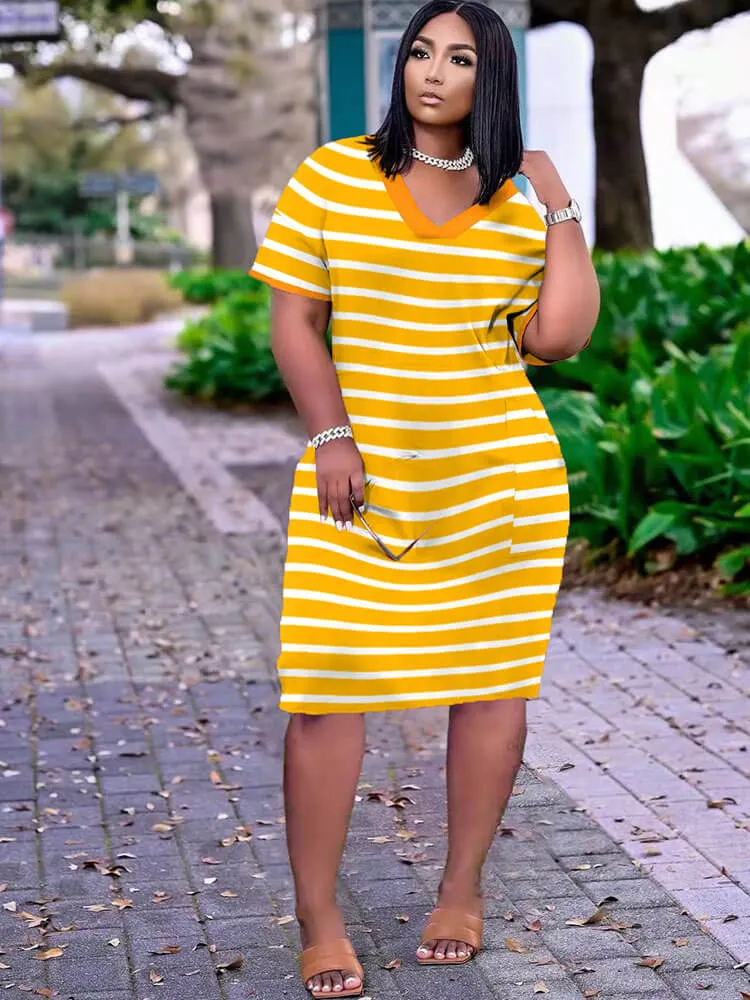 Striped V Neck Loose Midi Dresses