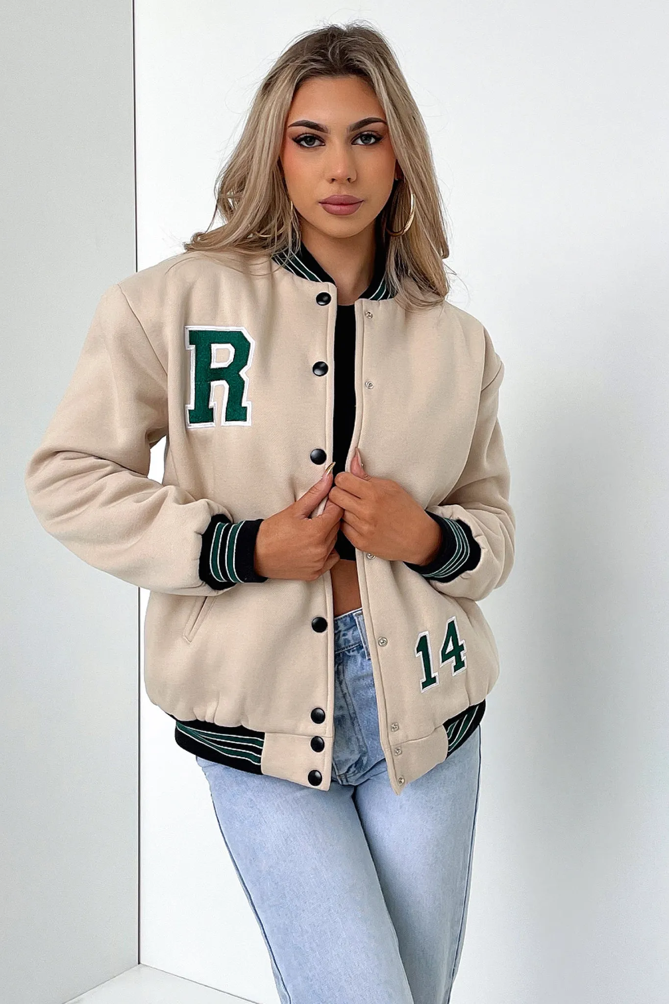 Varsity Oversized Jacket - Tan / Emerald