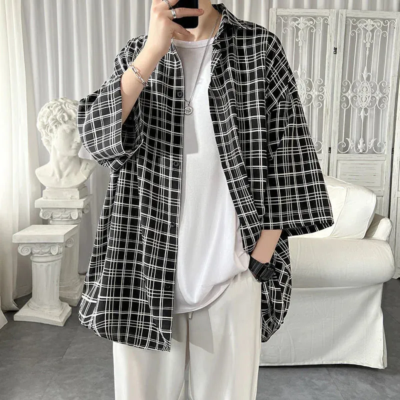 WIAOFELLAS -  Plaid for Mens Street Trend 7 Points Sleeve Tops Shirts All-match Casual Thin Outfits Oversize Loose Men's Clothes Four Seasons