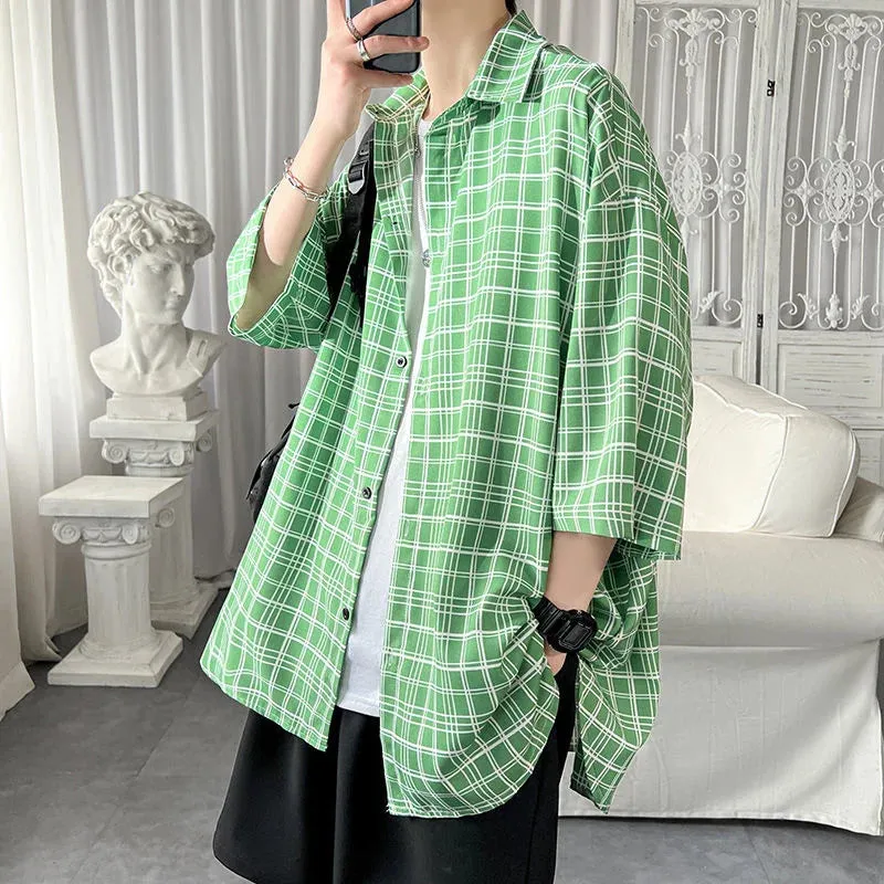 WIAOFELLAS -  Plaid for Mens Street Trend 7 Points Sleeve Tops Shirts All-match Casual Thin Outfits Oversize Loose Men's Clothes Four Seasons