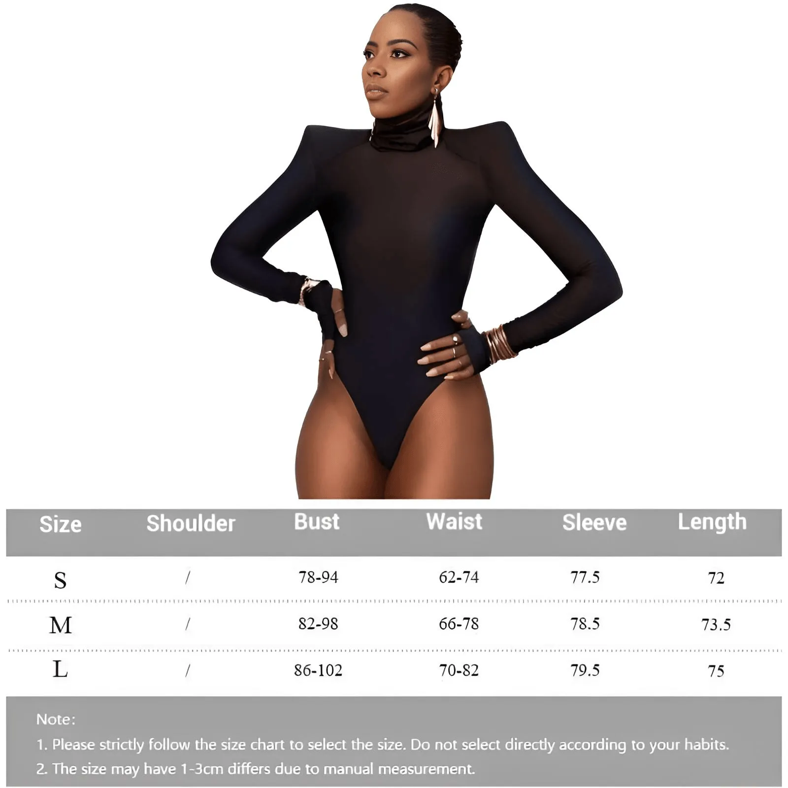 Women's Long Sleeve Padded Shoulder Turtleneck Bodysuit