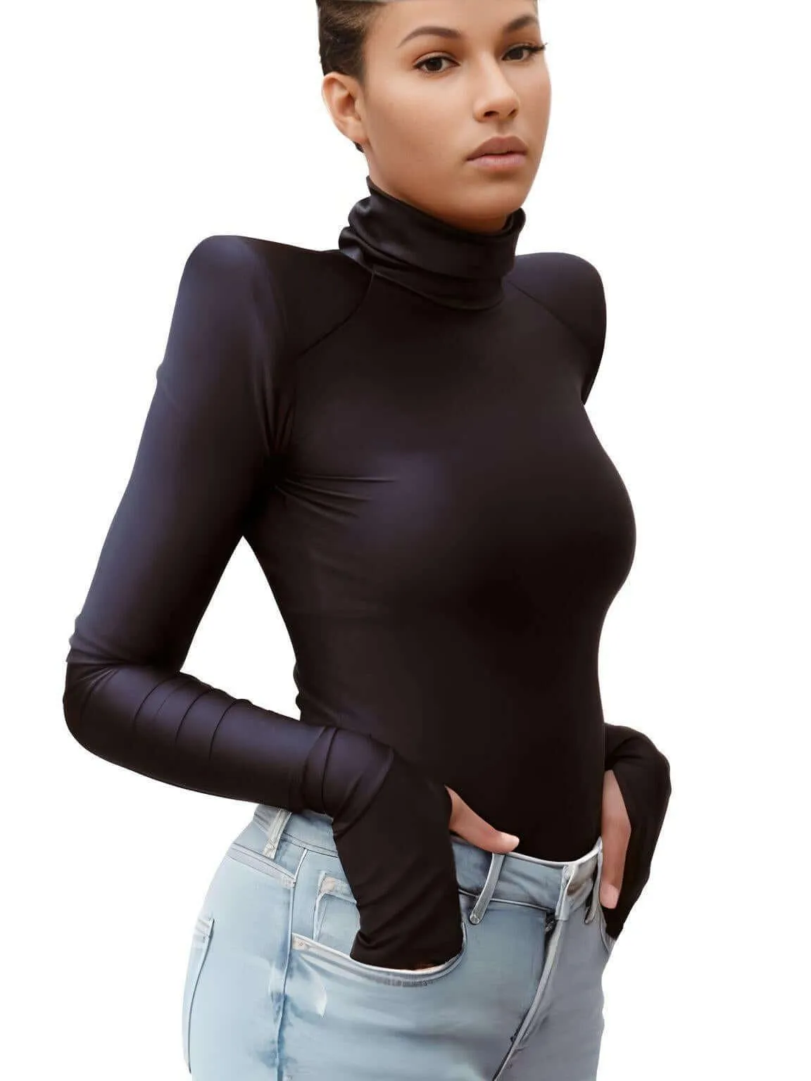 Women's Long Sleeve Padded Shoulder Turtleneck Bodysuit