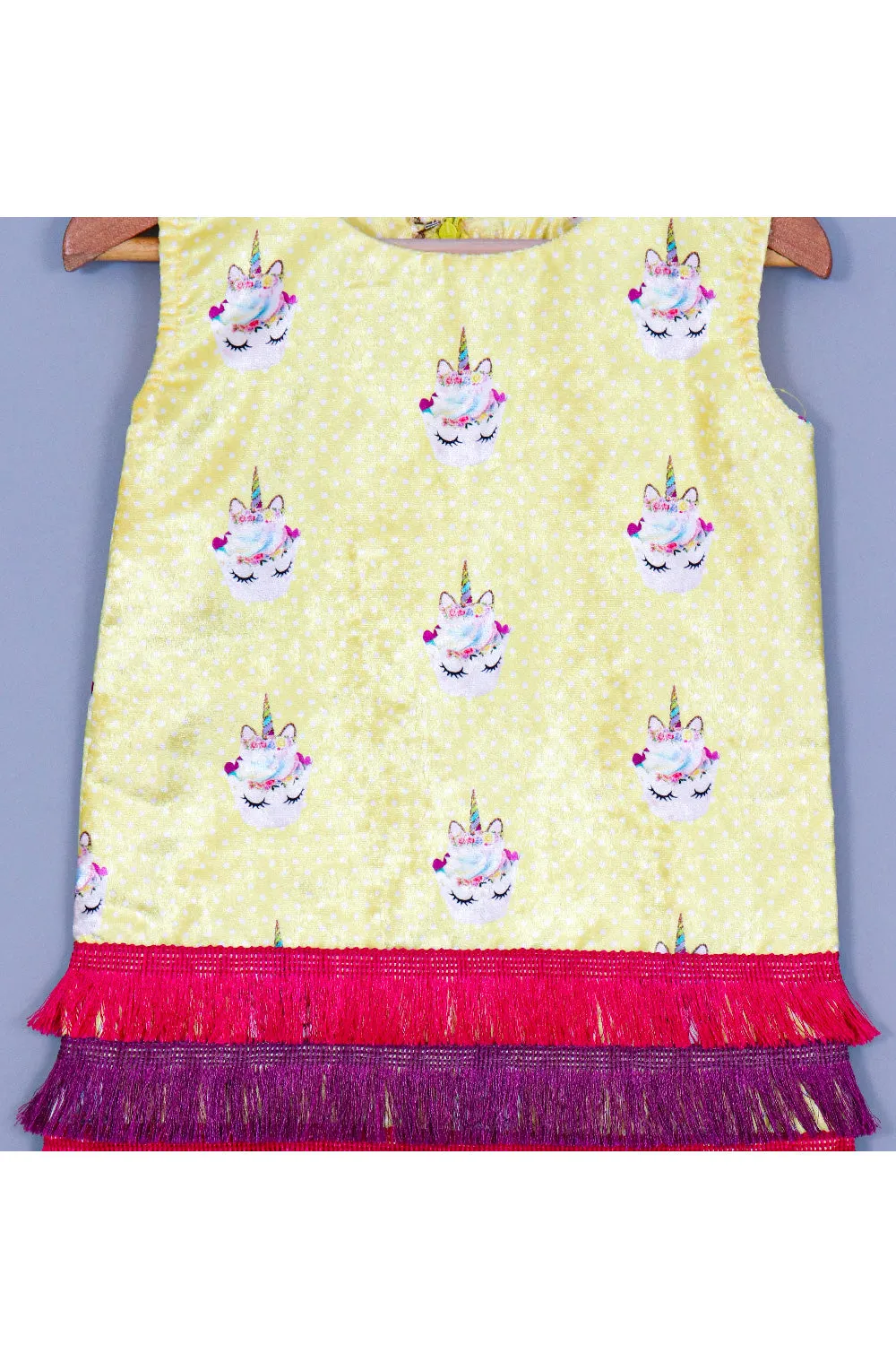 Yellow Unicorn Printed Velvet Sleeveless Dress